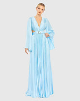Blue Long Sleeve Lace up Back Charmeuse Gown - FINAL SALE