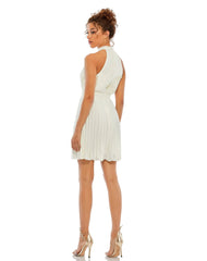 White High Neck Pleated A-Line Mini Dress